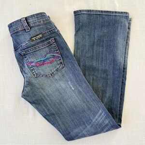 COWGIRL TUFF Candy Medium Wash Pink, Purple, and Turquoise Stitch Jeans Waist 27